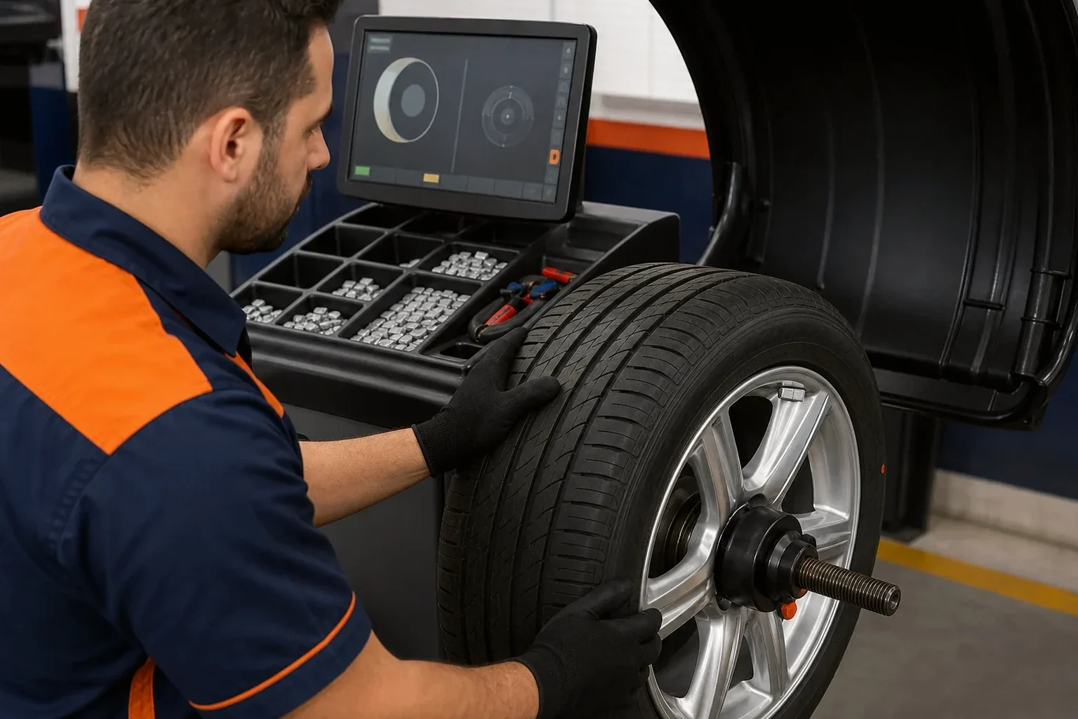 Equipamento de balanceamento de rodas em uma borracharia em ação.