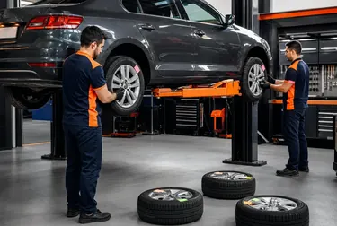 Funcionário fazendo rodízio de pneus em um veículo.