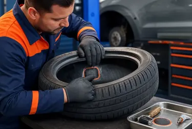 Técnico consertando um pneu em uma borracharia.