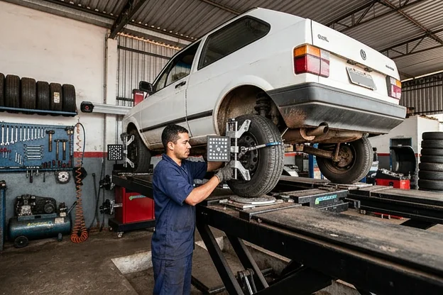 Técnico realizando alinhamento de rodas em um carro.