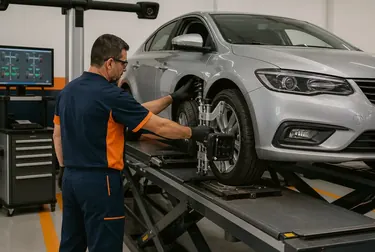 Técnico realizando alinhamento de rodas em um veículo.