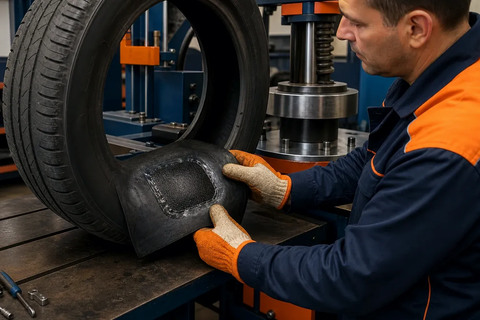Técnico realizando vulcanização em um pneu.